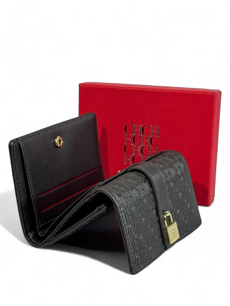 💼 Carolina Herrera CH Embossed Wallet – Charcoal Grey Luxe Edition 🌪️