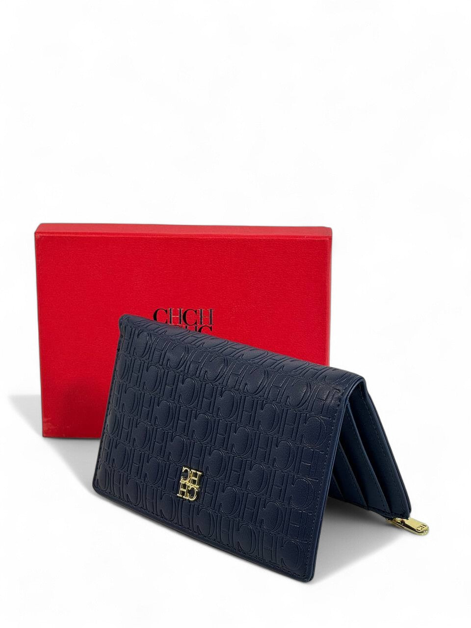💙 Carolina Herrera CH Embossed Long Wallet – Midnight Blue Elegance Edition 💼