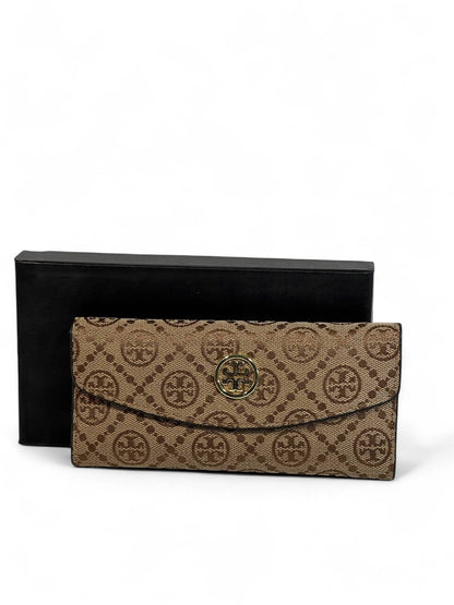 🤎 Tory Burch Monogram Flap Wallet – Signature Brown Canvas Elegance 💼