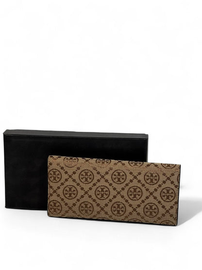 🤎 Tory Burch Monogram Flap Wallet – Signature Brown Canvas Elegance 💼