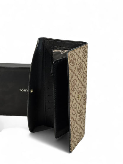 🤎 Tory Burch Monogram Flap Wallet – Signature Brown Canvas Elegance 💼
