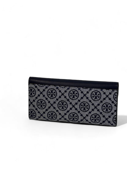 💙 Tory Burch Signature Flap Wallet – Navy Blue & Monogram Canvas Chic 💼