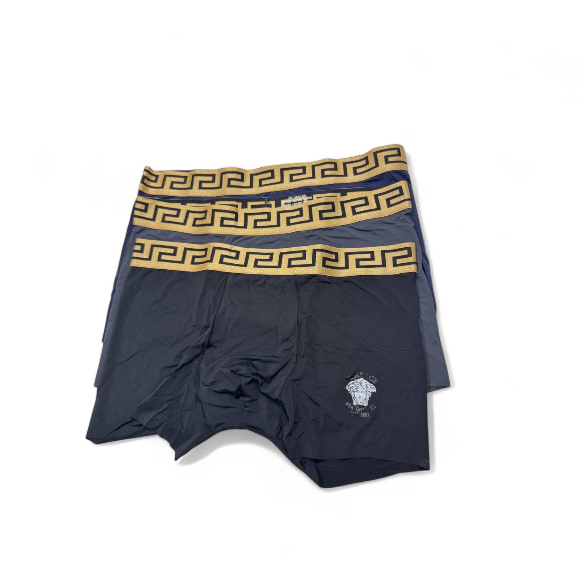 Versace Style Boxer Briefs - 3 Pack ⚫🩶🔵 | Medusa Emblem & Greek Key Luxury