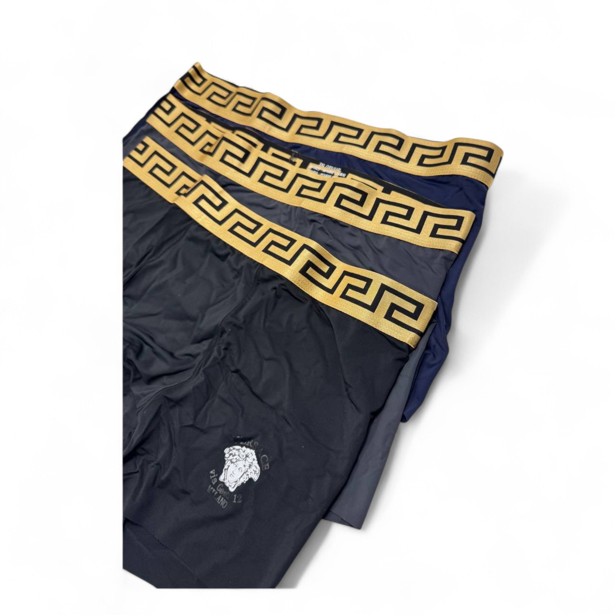 Versace Style Boxer Briefs - 3 Pack ⚫🩶🔵 | Medusa Emblem & Greek Key Luxury