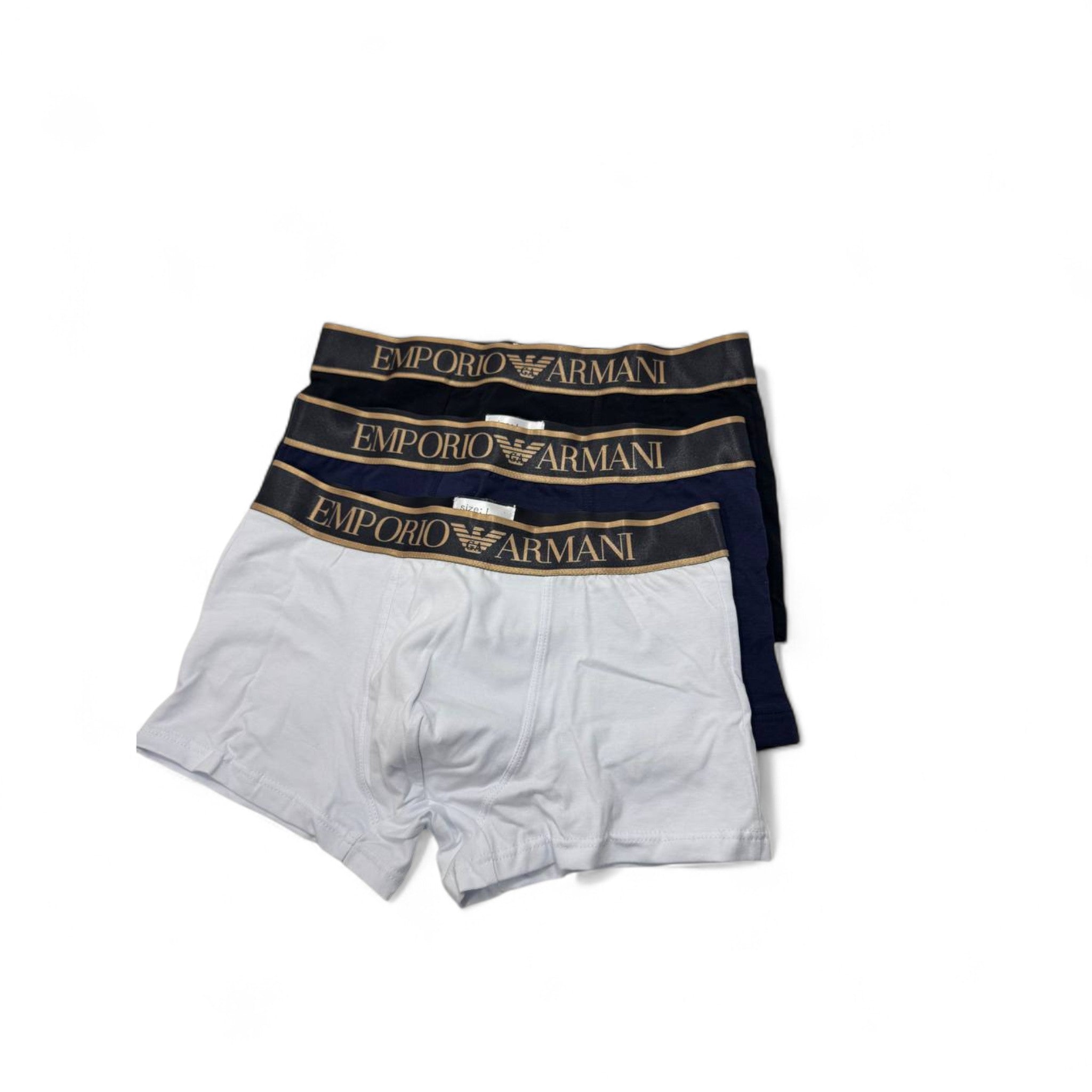 Emporio Armani Boxer Briefs - 3 Pack ⚪💙⚫ | Gold Logo Waistband Elegance