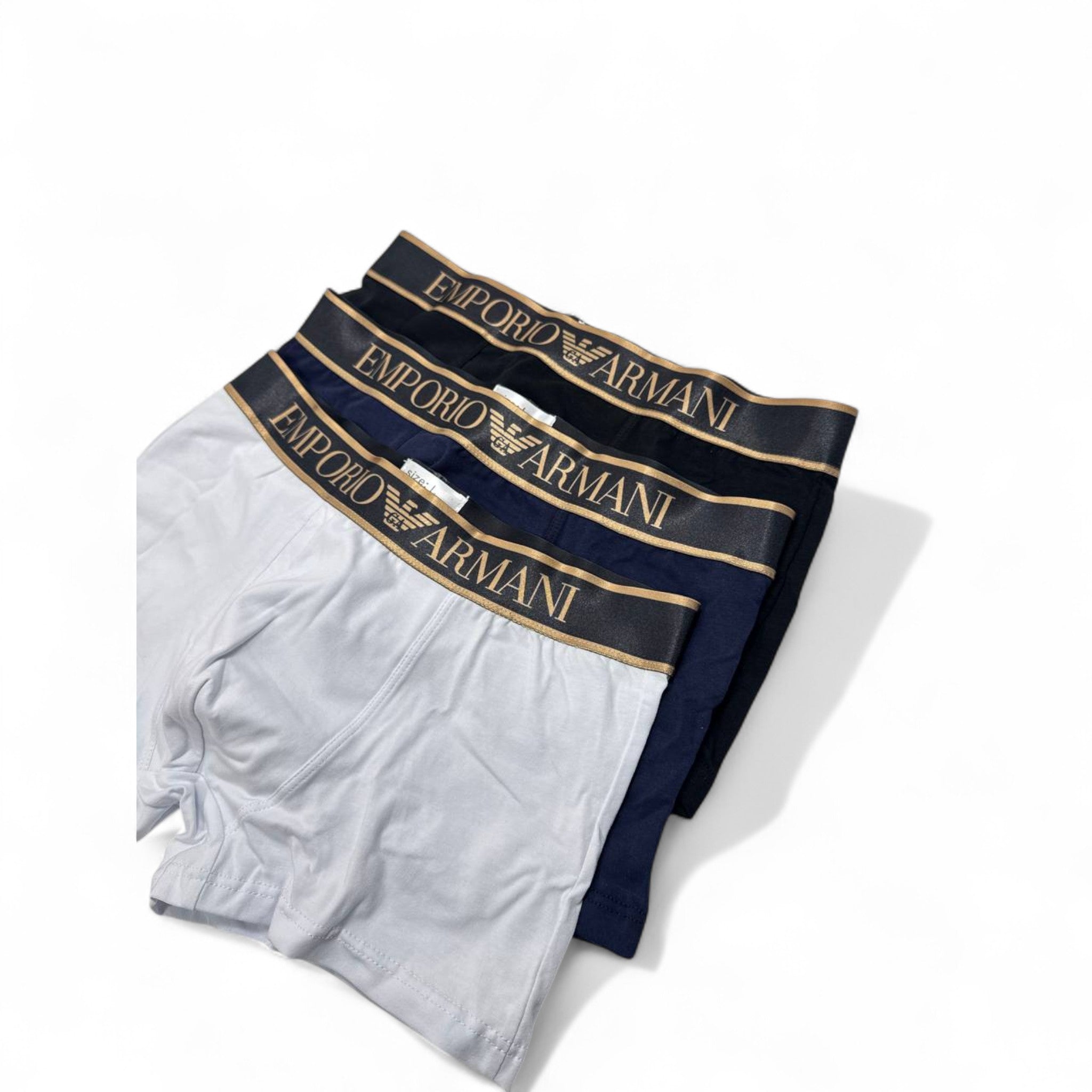 Emporio Armani Boxer Briefs - 3 Pack ⚪💙⚫ | Gold Logo Waistband Elegance