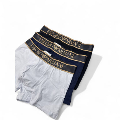 Emporio Armani Boxer Briefs - 3 Pack ⚪💙⚫ | Gold Logo Waistband Elegance