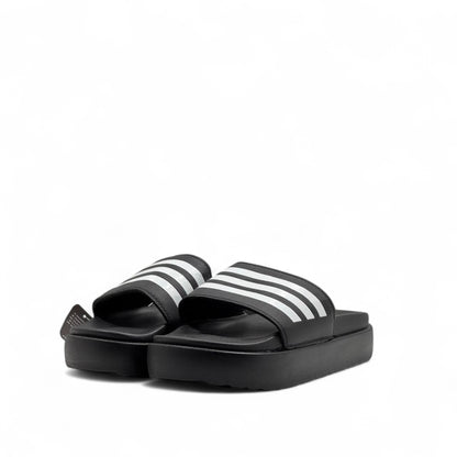 Adidas Platform Slides – Black & White | Classic Stripe Comfort 👟