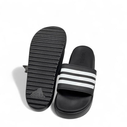 Adidas Platform Slides – Black & White | Classic Stripe Comfort 👟
