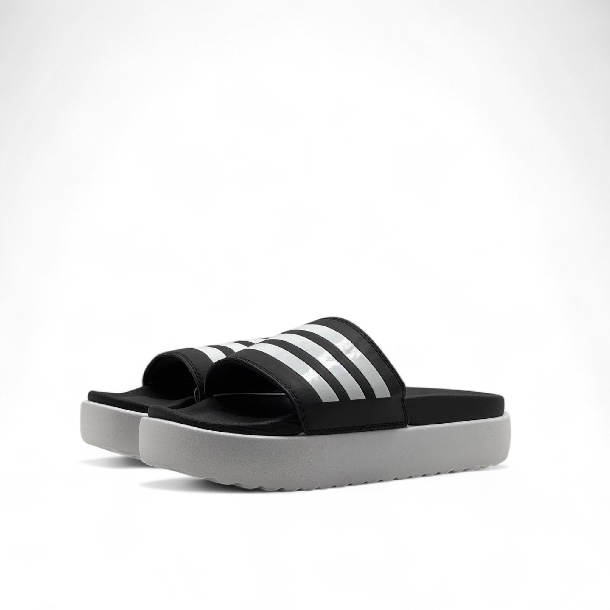 Adidas Platform Slides – Black & White | Grey Sole Comfort ⚫⚪👣