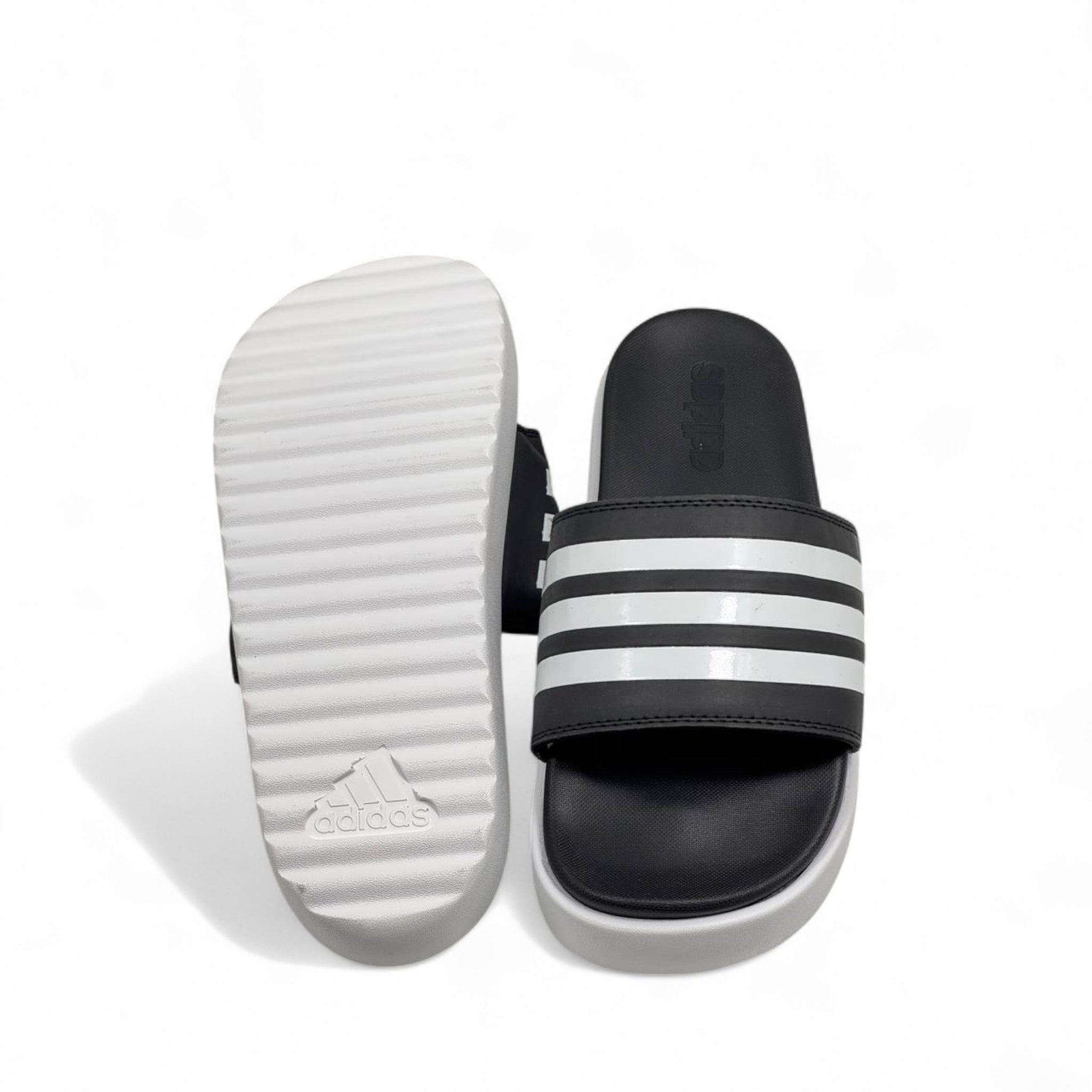 Adidas Platform Slides – Black & White | Grey Sole Comfort ⚫⚪👣