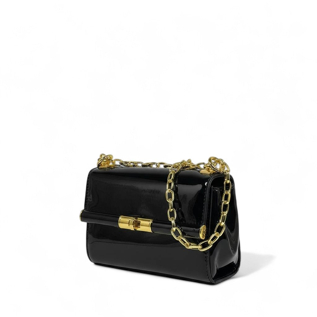 Dolce & Gabbana Black Patent Leather Chain Bag 🖤 | Classic Italian Elegance with Golden Accents
