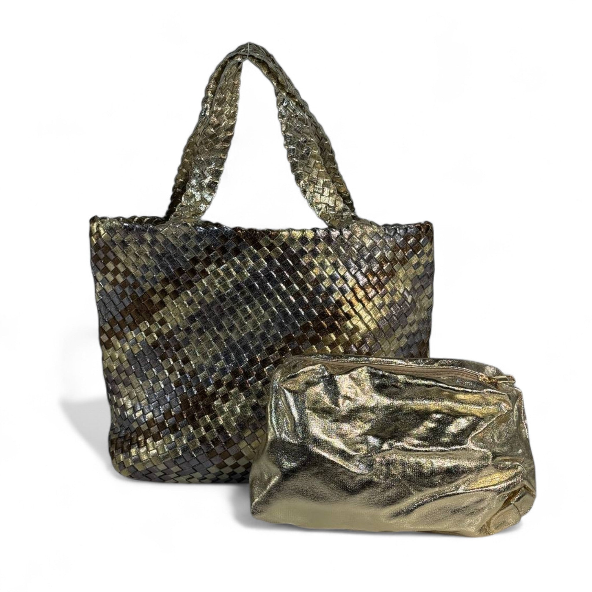 ✨ Bottega Veneta-Inspired Double-Face Metallic Intrecciato Tote Set — Gold & Bronze Shimmer ✨