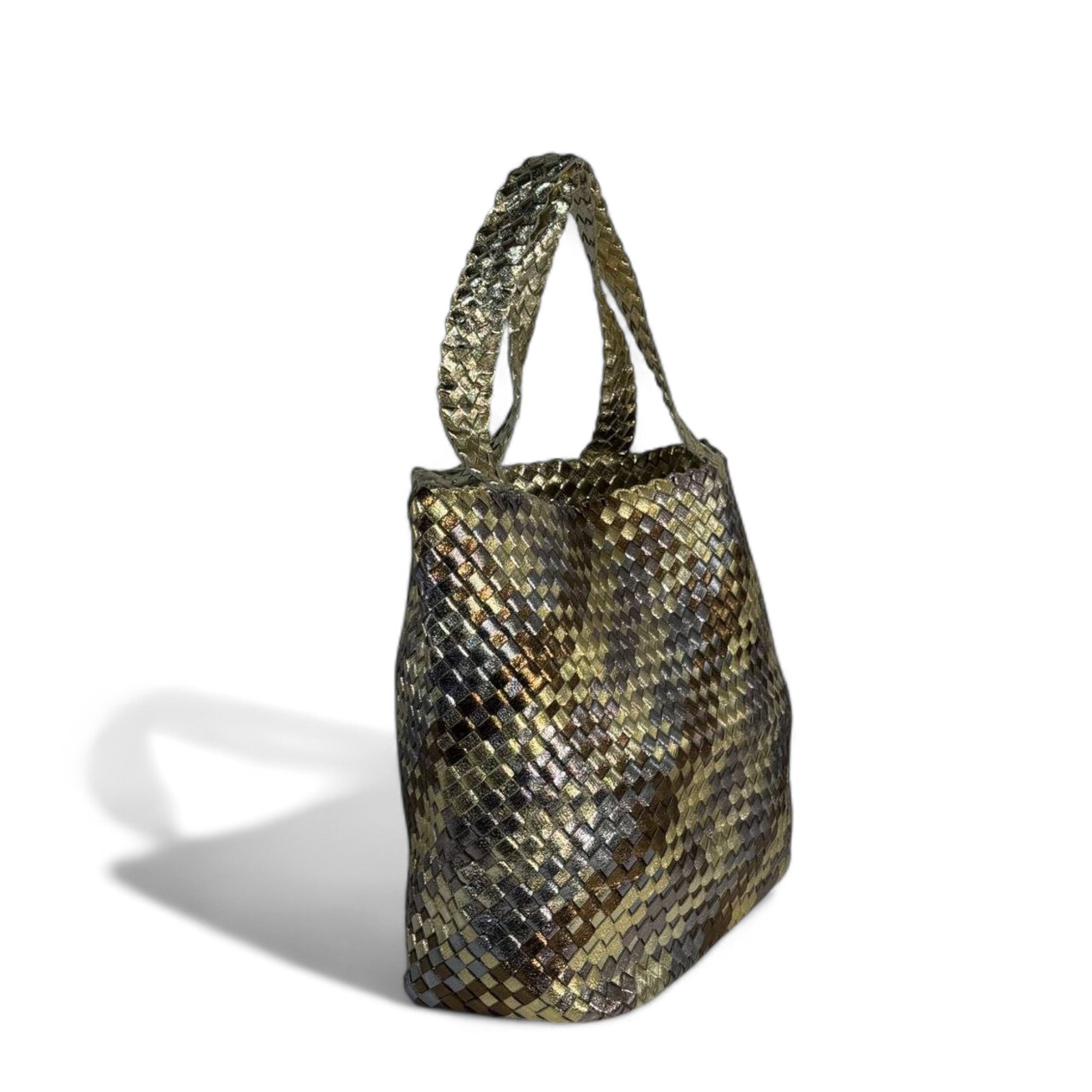 ✨ Bottega Veneta-Inspired Double-Face Metallic Intrecciato Tote Set — Gold & Bronze Shimmer ✨