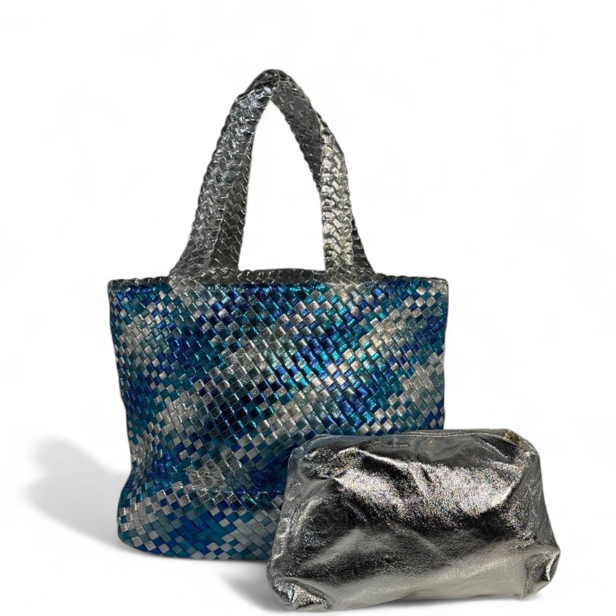 💙 BOTTEGA VENETA-INSPIRED Double-Face Intrecciato Tote Set — Blue × Silver Glow Edition 💙