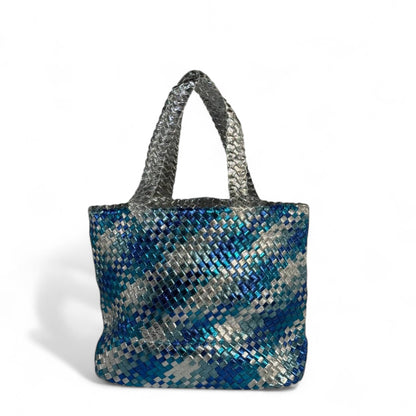 💙 BOTTEGA VENETA-INSPIRED Double-Face Intrecciato Tote Set — Blue × Silver Glow Edition 💙