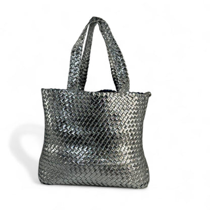 💙 BOTTEGA VENETA-INSPIRED Double-Face Intrecciato Tote Set — Blue × Silver Glow Edition 💙