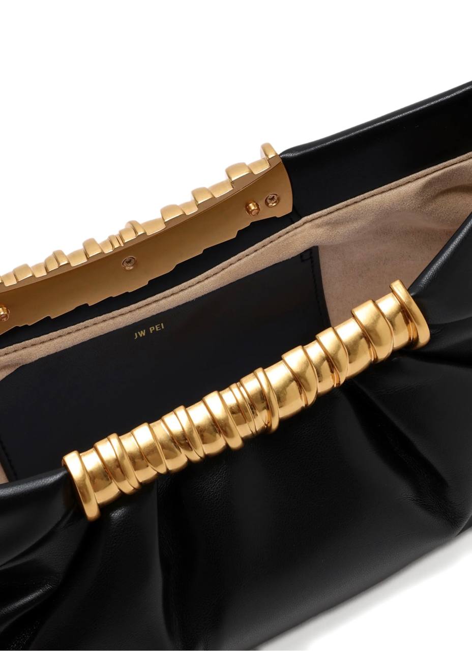 JW Pei Black Pleated Shoulder Bag with Gold Handle – Women’s Designer Handbag ✨