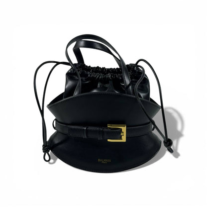 Balmain Black Leather Drawstring Bucket Bag for Women – Luxury Designer Handbag ✨