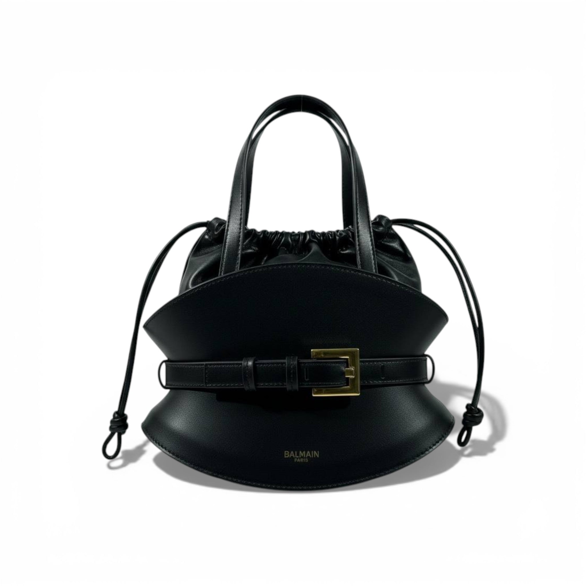 Balmain Black Leather Drawstring Bucket Bag for Women – Luxury Designer Handbag ✨