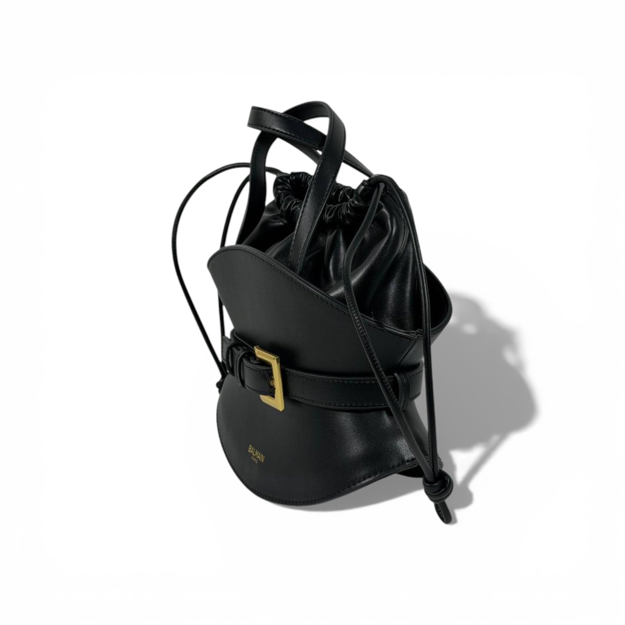 Balmain Black Leather Drawstring Bucket Bag for Women – Luxury Designer Handbag ✨