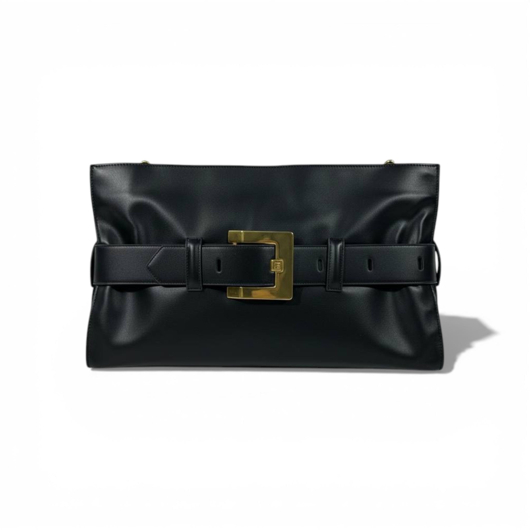 Balmain Luxury Belted Shoulder Bag for Women – Black Gold Buckle Designer Handbag