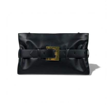 Balmain Luxury Belted Shoulder Bag for Women – Black Gold Buckle Designer Handbag