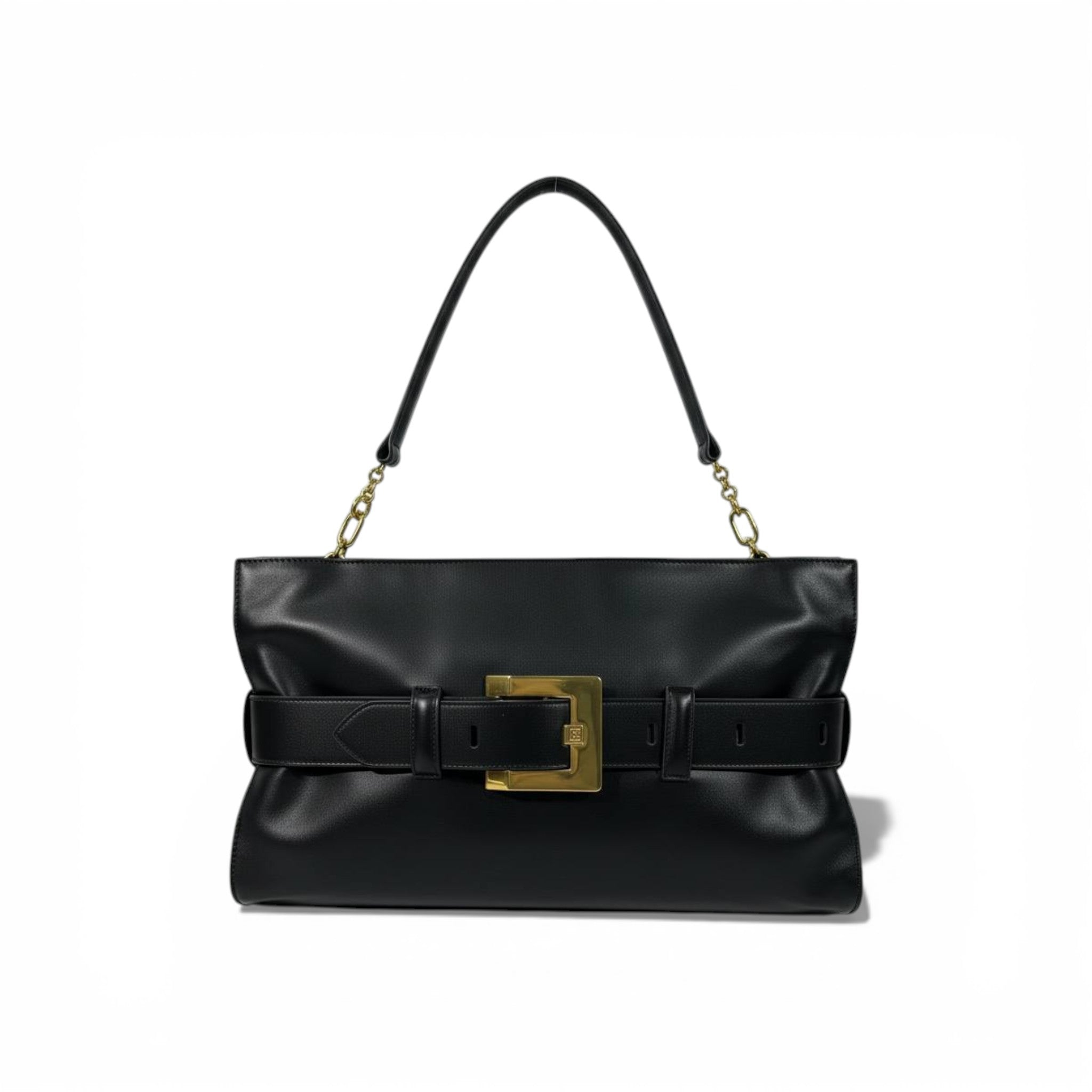 Balmain Luxury Belted Shoulder Bag for Women – Black Gold Buckle Designer Handbag