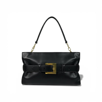 Balmain Luxury Belted Shoulder Bag for Women – Black Gold Buckle Designer Handbag