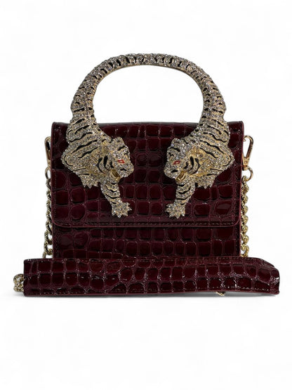 Roberto Cavalli Burgundy Croc-Effect Bag with Crystal Tiger Handle 🐅✨ | Italian Glamour & Fierce Elegance