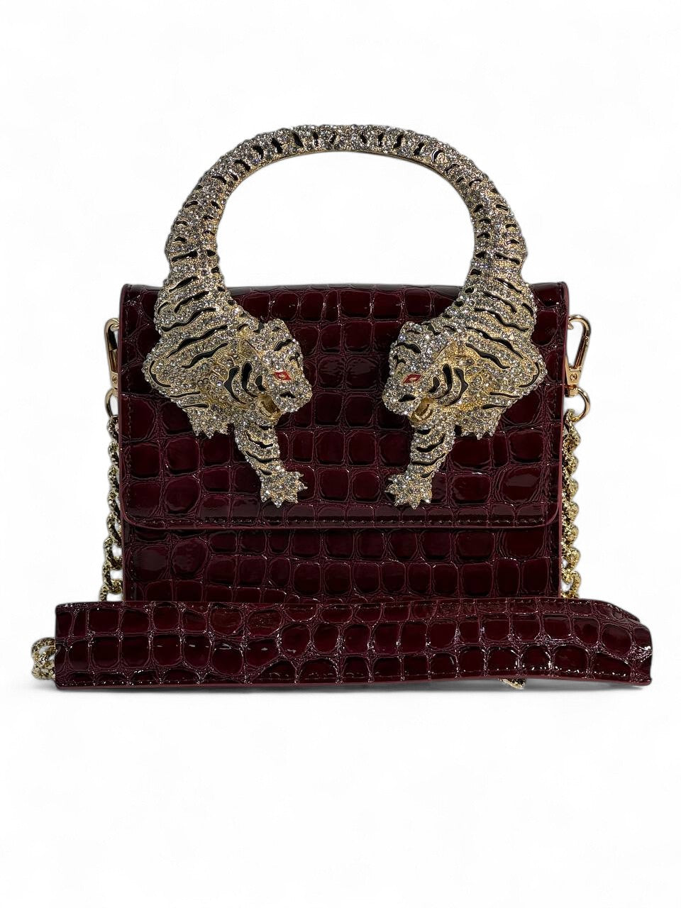 Roberto Cavalli Burgundy Croc-Effect Bag with Crystal Tiger Handle 🐅✨ | Italian Glamour & Fierce Elegance