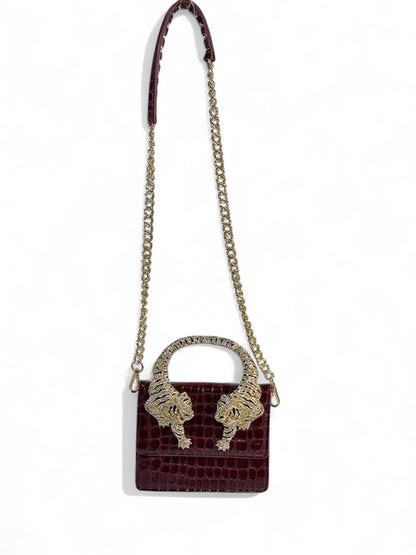 Roberto Cavalli Burgundy Croc-Effect Bag with Crystal Tiger Handle 🐅✨ | Italian Glamour & Fierce Elegance