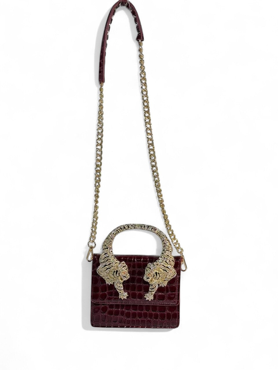 Roberto Cavalli Burgundy Croc-Effect Bag with Crystal Tiger Handle 🐅✨ | Italian Glamour & Fierce Elegance