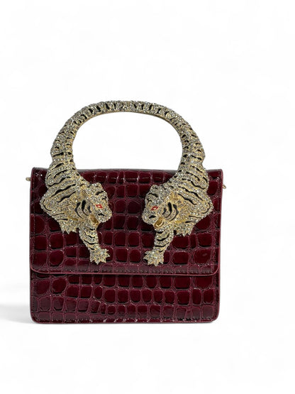 Roberto Cavalli Burgundy Croc-Effect Bag with Crystal Tiger Handle 🐅✨ | Italian Glamour & Fierce Elegance