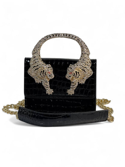 Roberto Cavalli Black Croc-Effect Bag with Crystal Tiger Handle 🐅🖤 | Fierce Italian Luxury & Power
