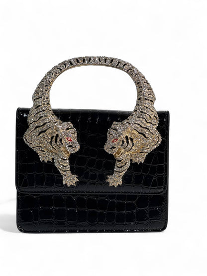 Roberto Cavalli Black Croc-Effect Bag with Crystal Tiger Handle 🐅🖤 | Fierce Italian Luxury & Power