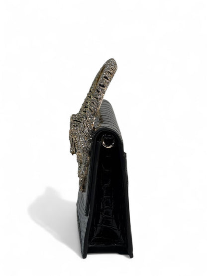 Roberto Cavalli Black Croc-Effect Bag with Crystal Tiger Handle 🐅🖤 | Fierce Italian Luxury & Power