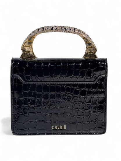 Roberto Cavalli Black Croc-Effect Bag with Crystal Tiger Handle 🐅🖤 | Fierce Italian Luxury & Power