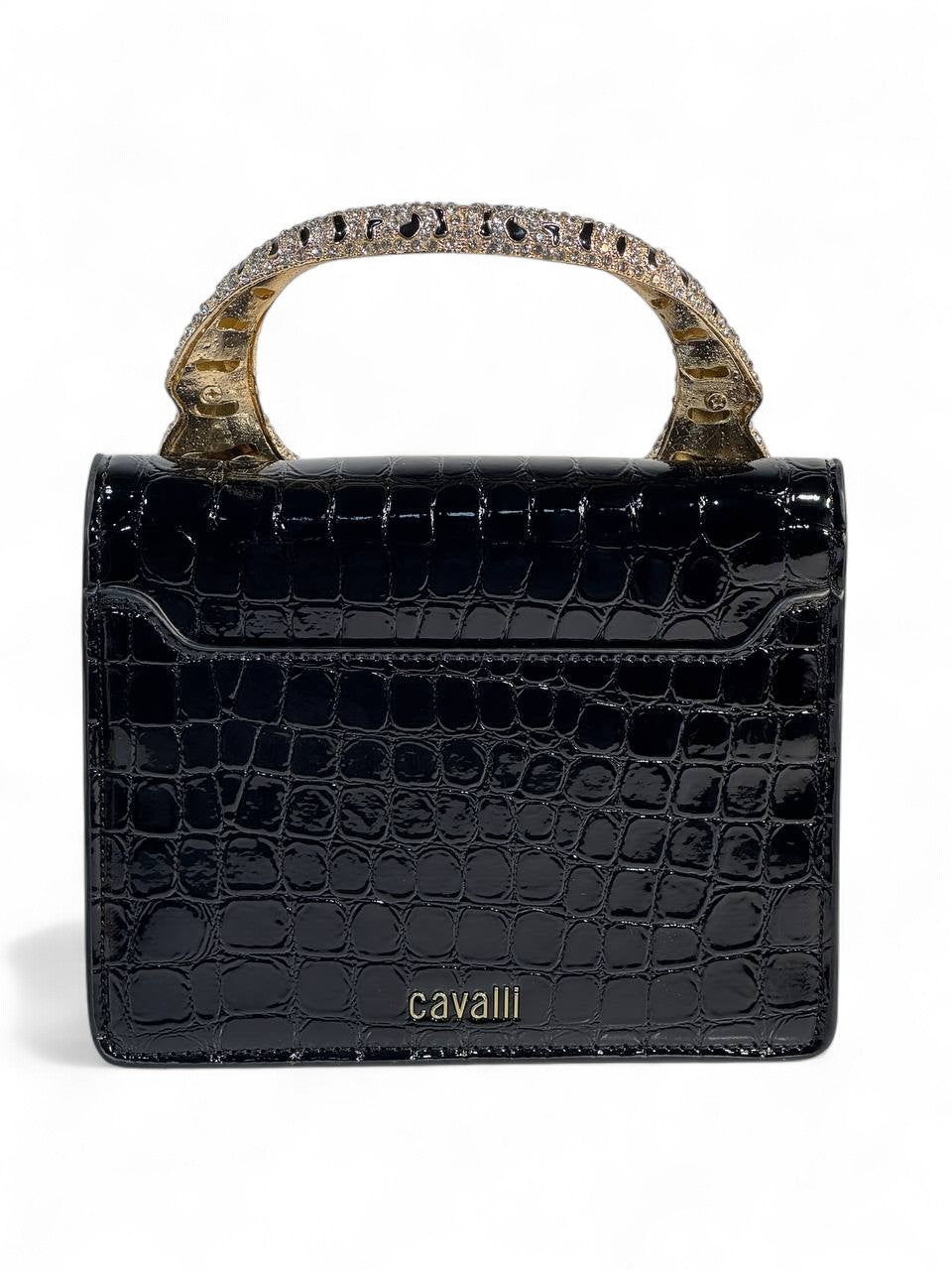 Roberto Cavalli Black Croc-Effect Bag with Crystal Tiger Handle 🐅🖤 | Fierce Italian Luxury & Power