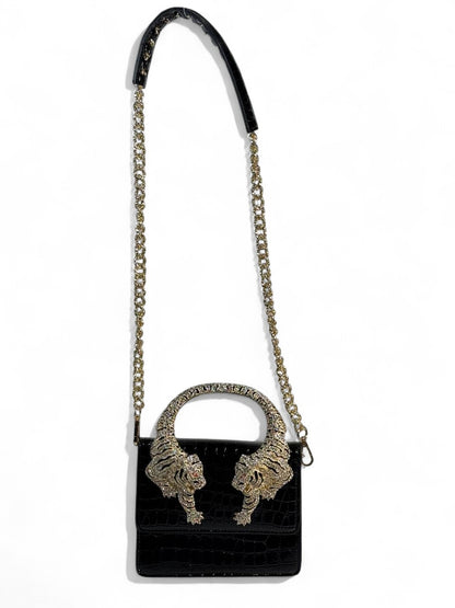 Roberto Cavalli Black Croc-Effect Bag with Crystal Tiger Handle 🐅🖤 | Fierce Italian Luxury & Power