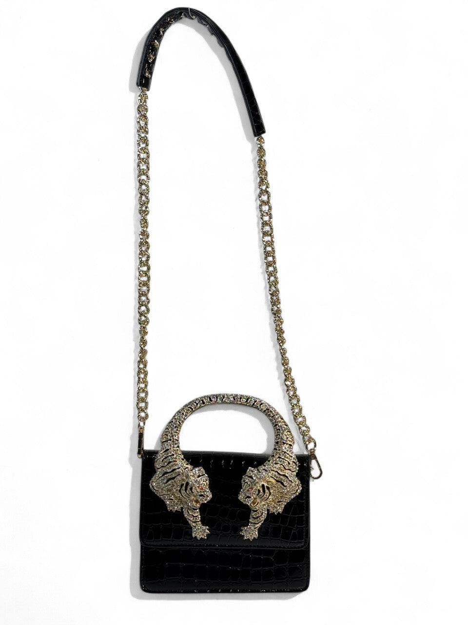 Roberto Cavalli Black Croc-Effect Bag with Crystal Tiger Handle 🐅🖤 | Fierce Italian Luxury & Power