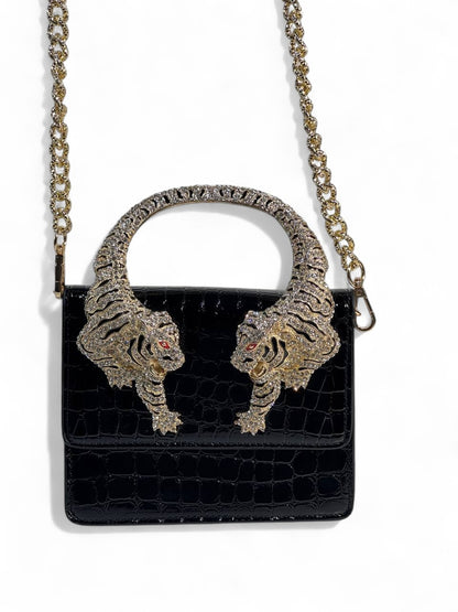 Roberto Cavalli Black Croc-Effect Bag with Crystal Tiger Handle 🐅🖤 | Fierce Italian Luxury & Power