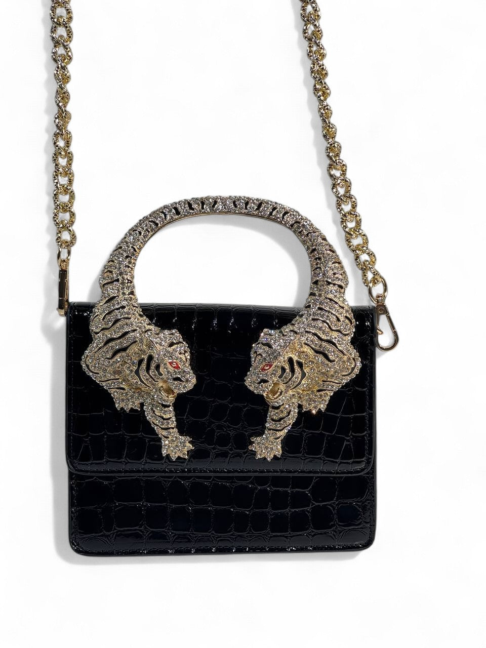 Roberto Cavalli Black Croc-Effect Bag with Crystal Tiger Handle 🐅🖤 | Fierce Italian Luxury & Power