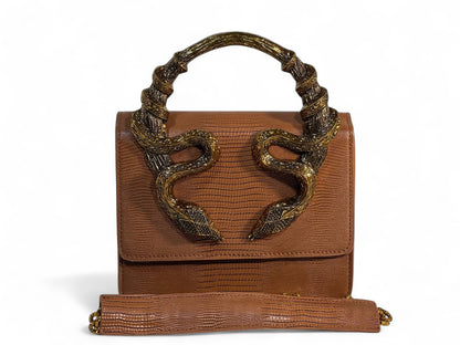 Roberto Cavalli Brown Lizard-Effect Bag with Sculpted Snake Handle 🐍✨ | Exotic Italian Luxury