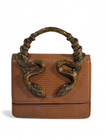 Roberto Cavalli Brown Lizard-Effect Bag with Sculpted Snake Handle 🐍✨ | Exotic Italian Luxury