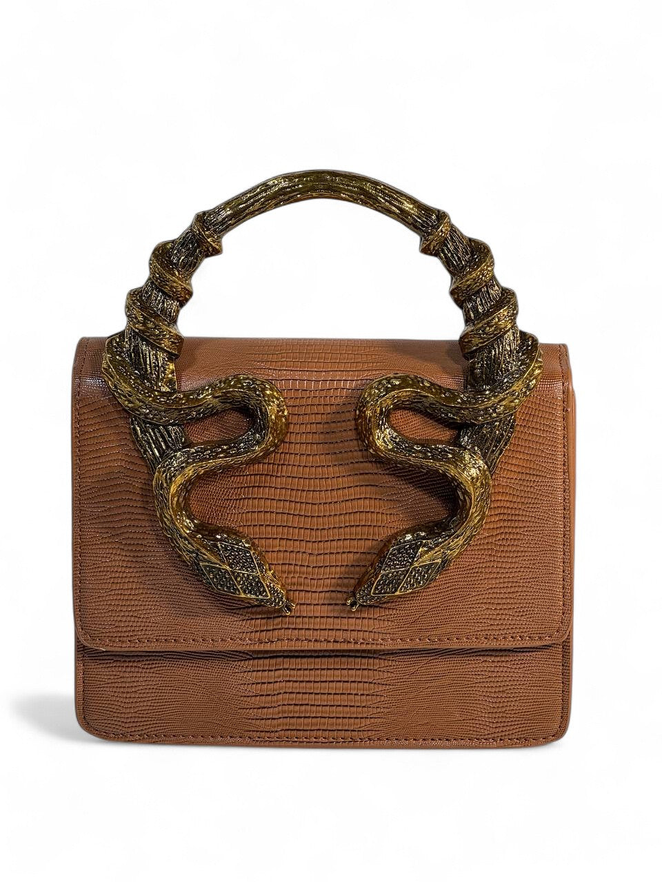 Roberto Cavalli Brown Lizard-Effect Bag with Sculpted Snake Handle 🐍✨ | Exotic Italian Luxury
