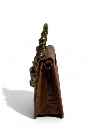 Roberto Cavalli Brown Lizard-Effect Bag with Sculpted Snake Handle 🐍✨ | Exotic Italian Luxury