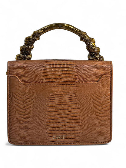 Roberto Cavalli Brown Lizard-Effect Bag with Sculpted Snake Handle 🐍✨ | Exotic Italian Luxury