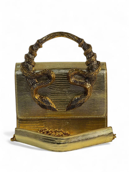 Roberto Cavalli Gold Lizard-Effect Bag with Sculpted Snake Handle 🐍✨ | Daring Luxury & Italian Glamour
