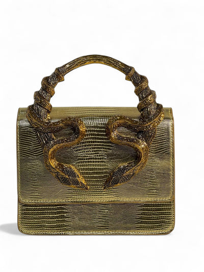 Roberto Cavalli Gold Lizard-Effect Bag with Sculpted Snake Handle 🐍✨ | Daring Luxury & Italian Glamour